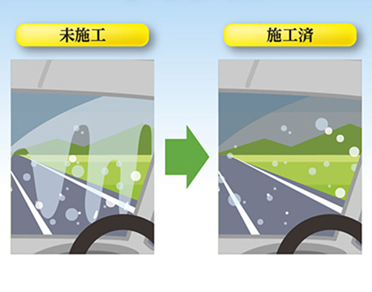 image of a car windshield looking out with one image showing water running down, obscuring the view, with another very little water running down