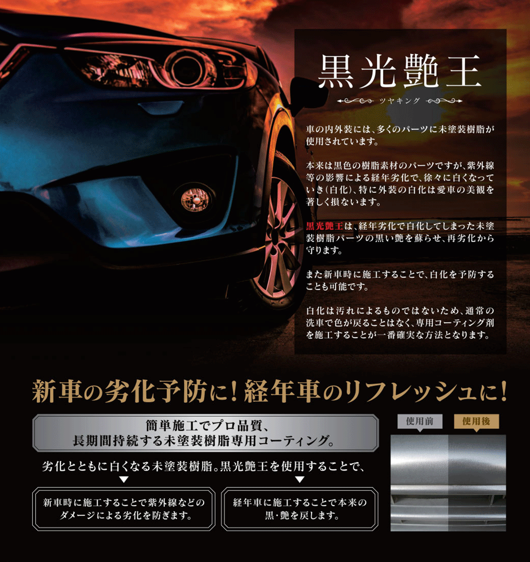 未塗装樹脂専用コーティング 黒光艶王(ツヤキング)