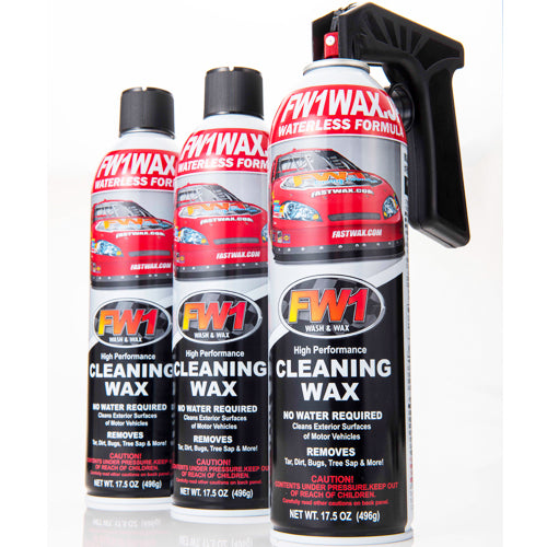 three cans of fw1 car wax, one has a trigger attached