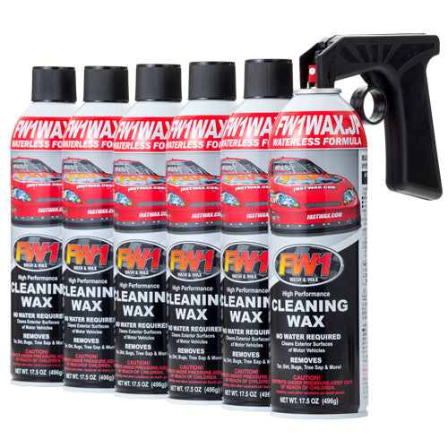 six cans of fw1 car wax, one has a trigger attached