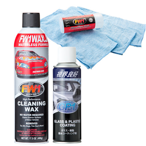 fw1 car wax and gp1 glass coating next to microfiber towels