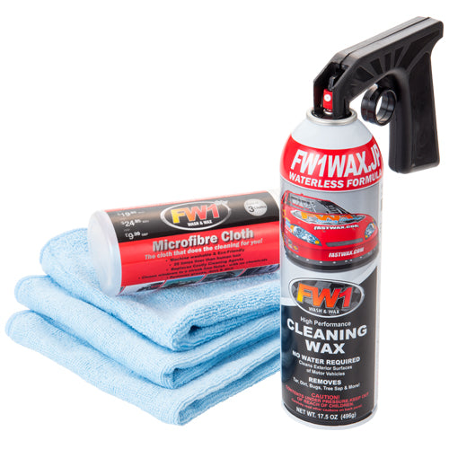 fw1 car wax can with trigger attached next to microfiber towels 