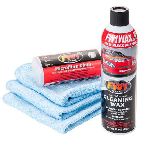 fw1 car wax can next to microfiber towels 